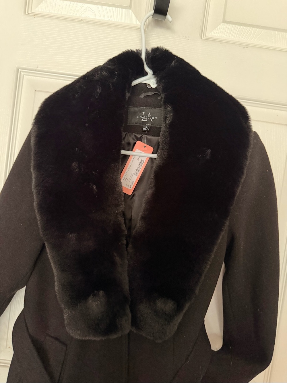 LA Coalition Women's Black Coat with Plush Faux Fur Collar (removable)